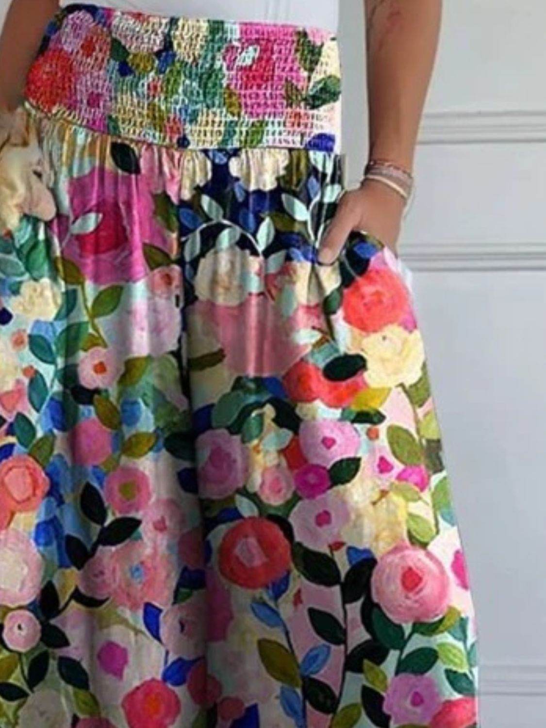 Full Size Smocked Wide Leg Pants with Pockets - Delanoir