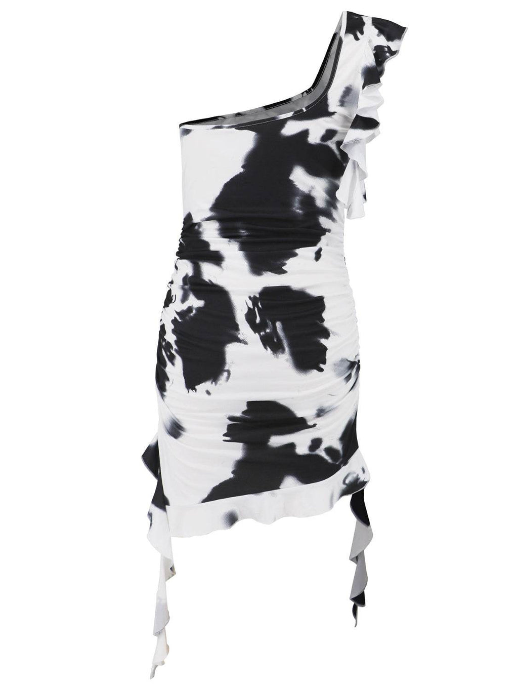 Ruffled Tie-Dye Single Shoulder Mini Dress - Delanoir