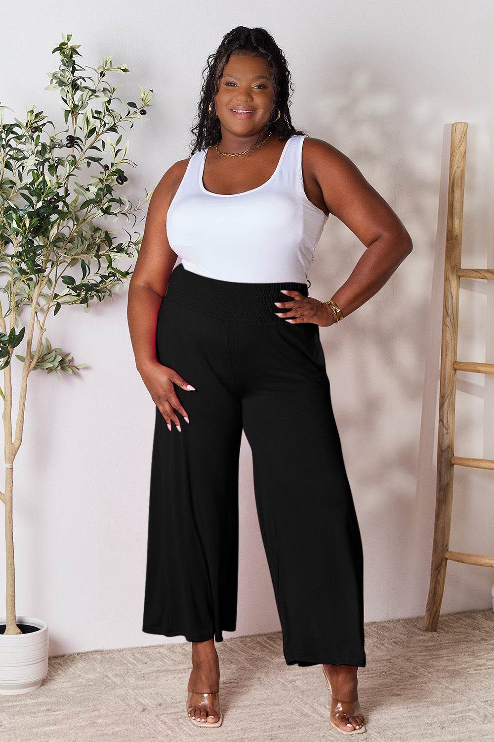 Double Take Full Size Smocked Wide Waistband Wide Leg Pants - Delanoir