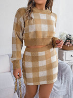Plaid Round Neck Top and Skirt Sweater Set - Delanoir