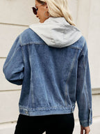 Drawstring Hooded Button Up Denim Jacket - Delanoir