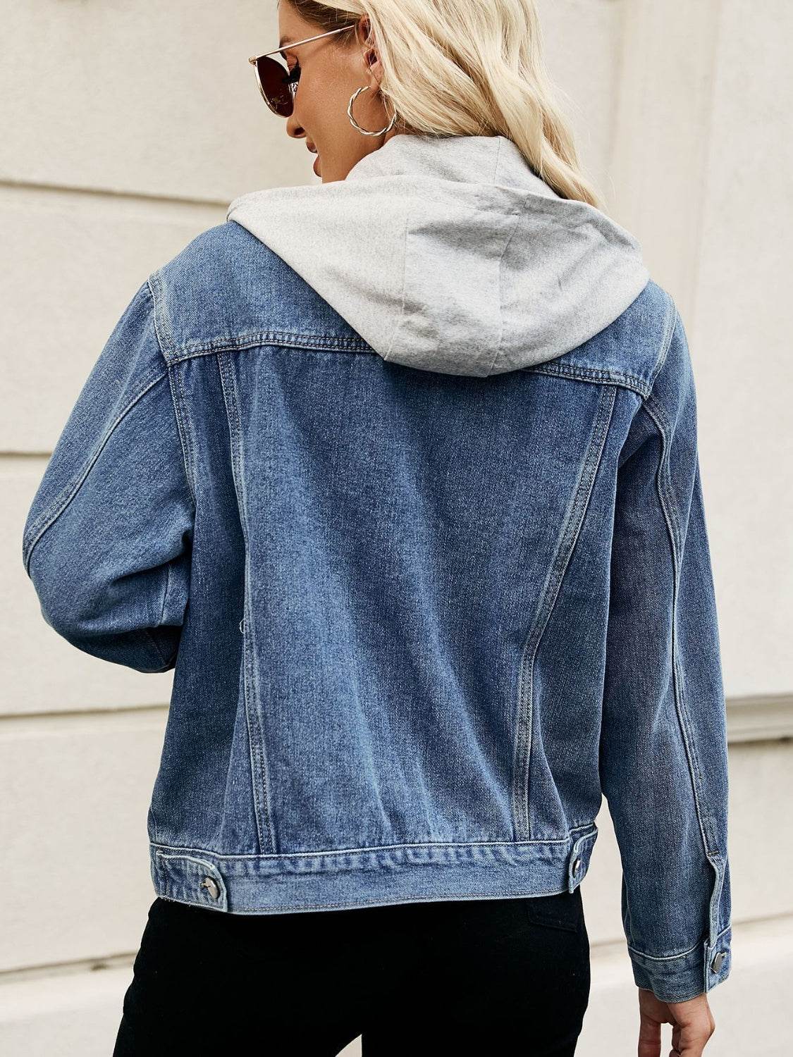 Drawstring Hooded Button Up Denim Jacket - Delanoir