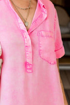 Pocketed Collared Neck Short Sleeve Denim Dress - Delanoir