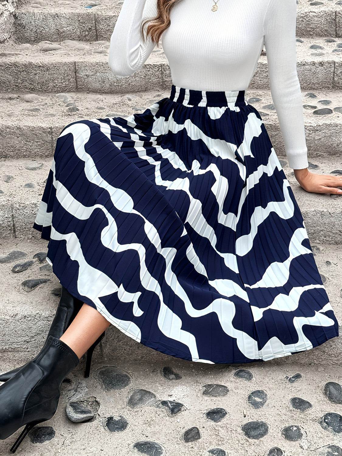 Pleated Printed Elastic Waist Skirt - Delanoir