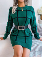 Plaid Round Neck Dropped Shoulder Sweater Dress - Delanoir