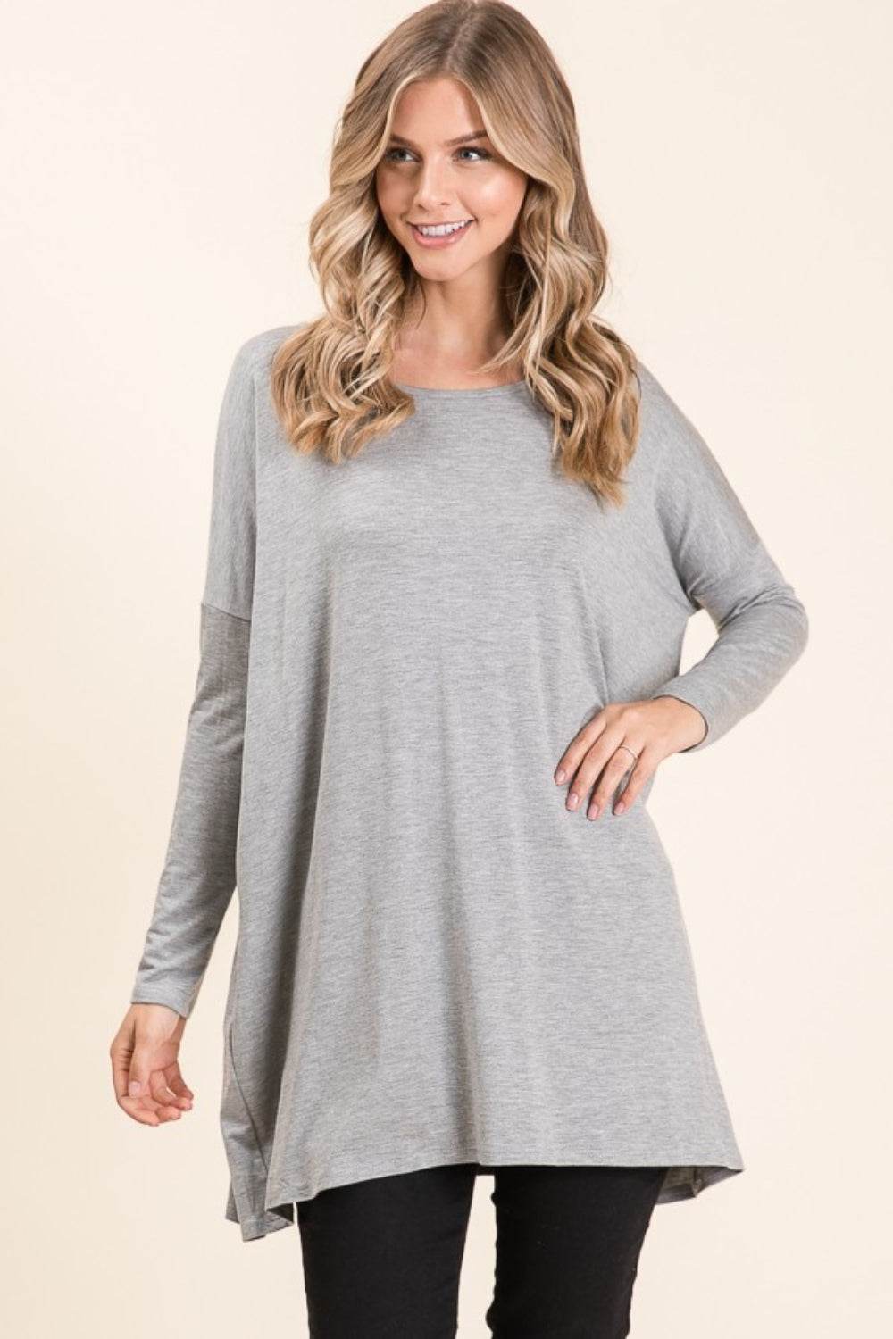 BOMBOM Round Neck Long Sleeve Oversized Top - Delanoir