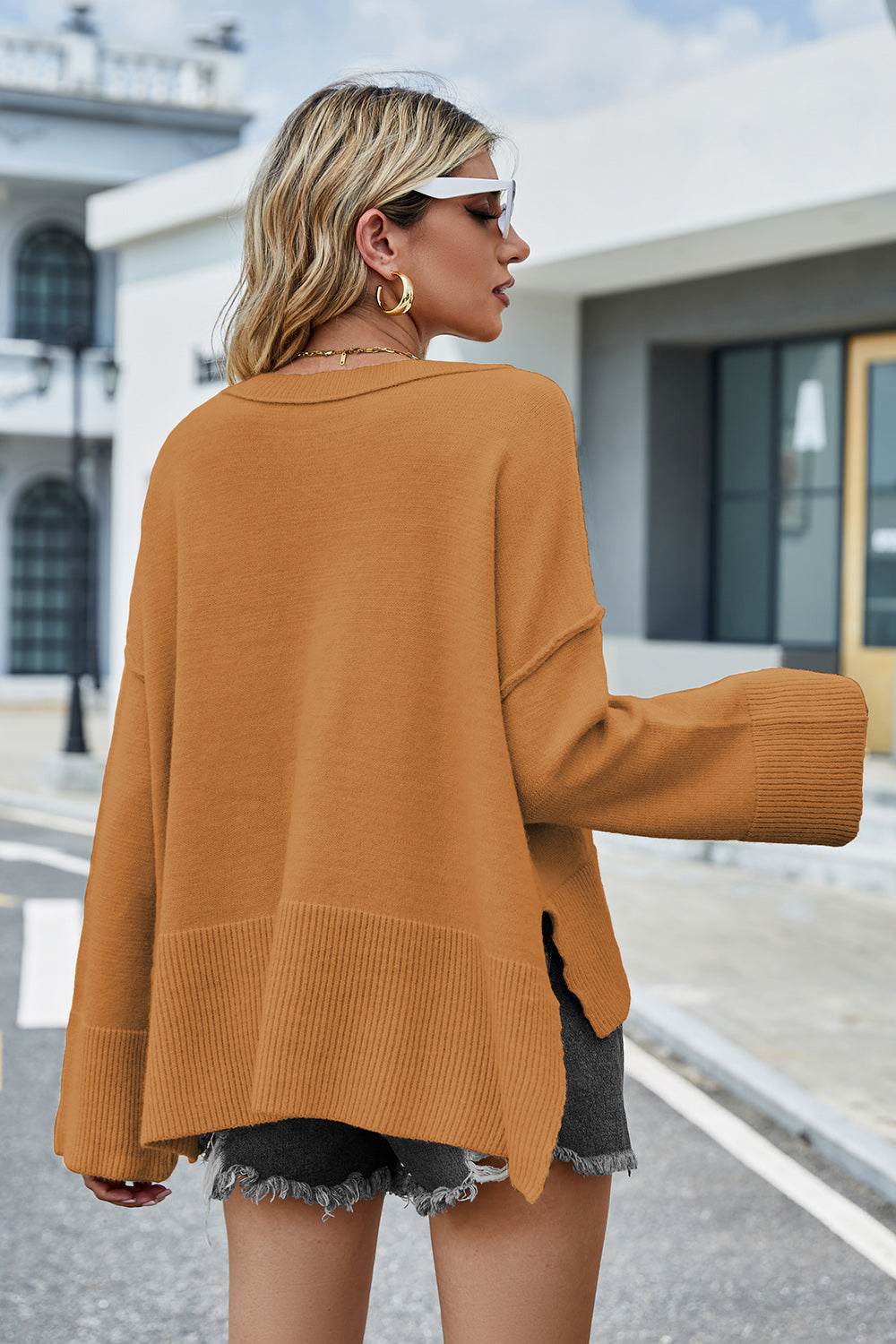 High-Low Slit Round Neck Long Sleeve Sweater - Delanoir