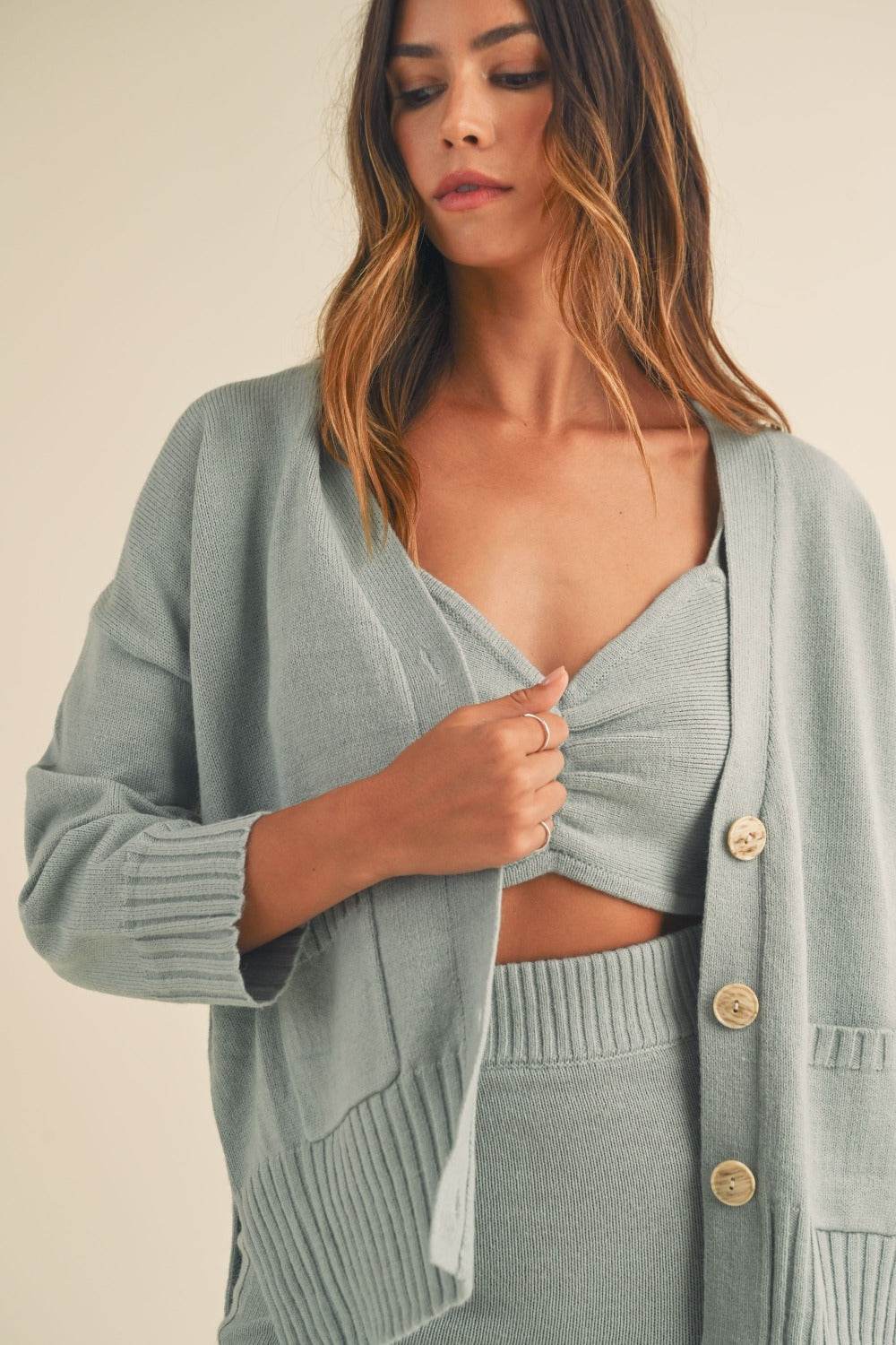 MABLE 3 Pieces Sweater Set with Crop Cami, Mini Skirt, Cardigan - Delanoir