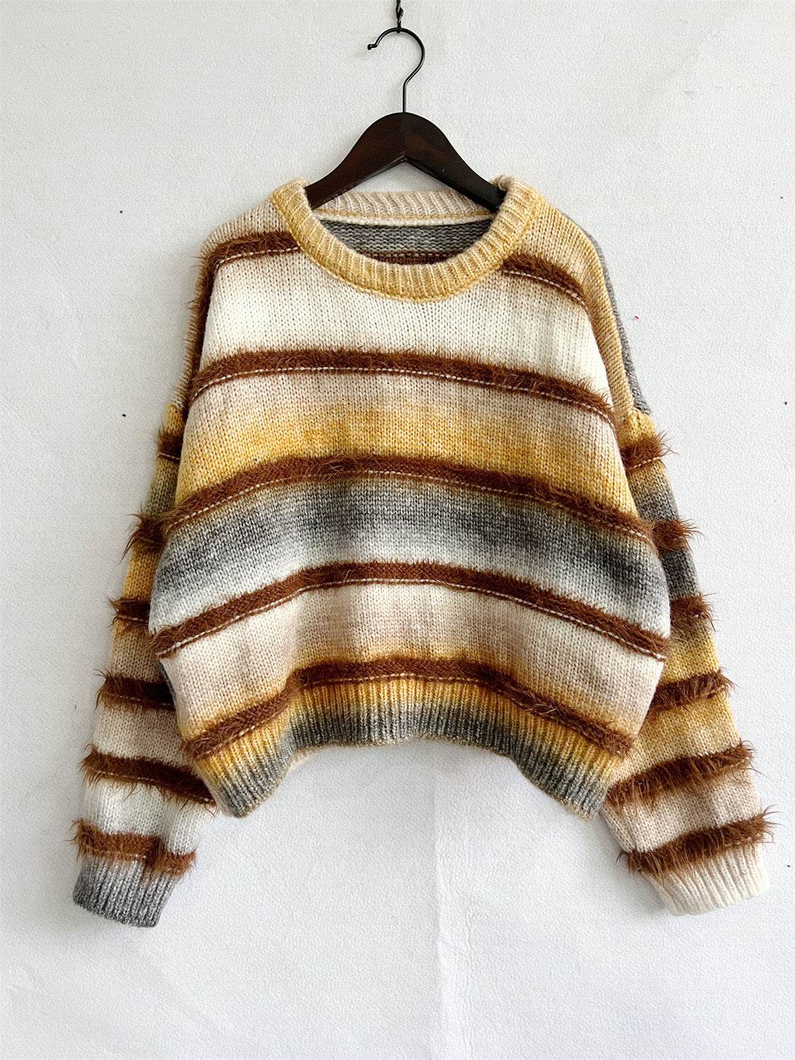 Striped Round Neck Long Sleeve Sweater - Delanoir