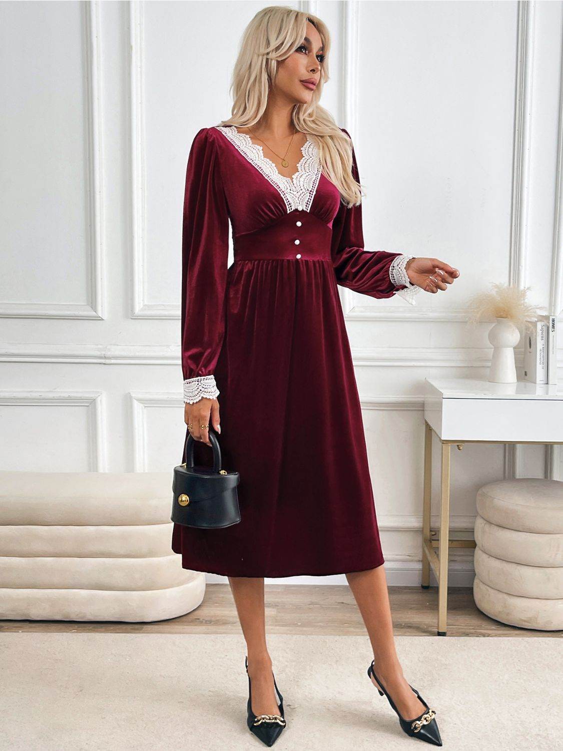 Perfee Lace Detail V-Neck Long Sleeve Midi Dress - Delanoir