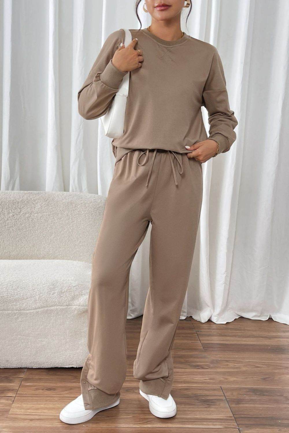 Perfee Round Neck Long Sleeve Top and Pants Set - Delanoir