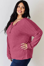 Basic Bae Full Size Ribbed Half Button Long Sleeve T-Shirt - Delanoir