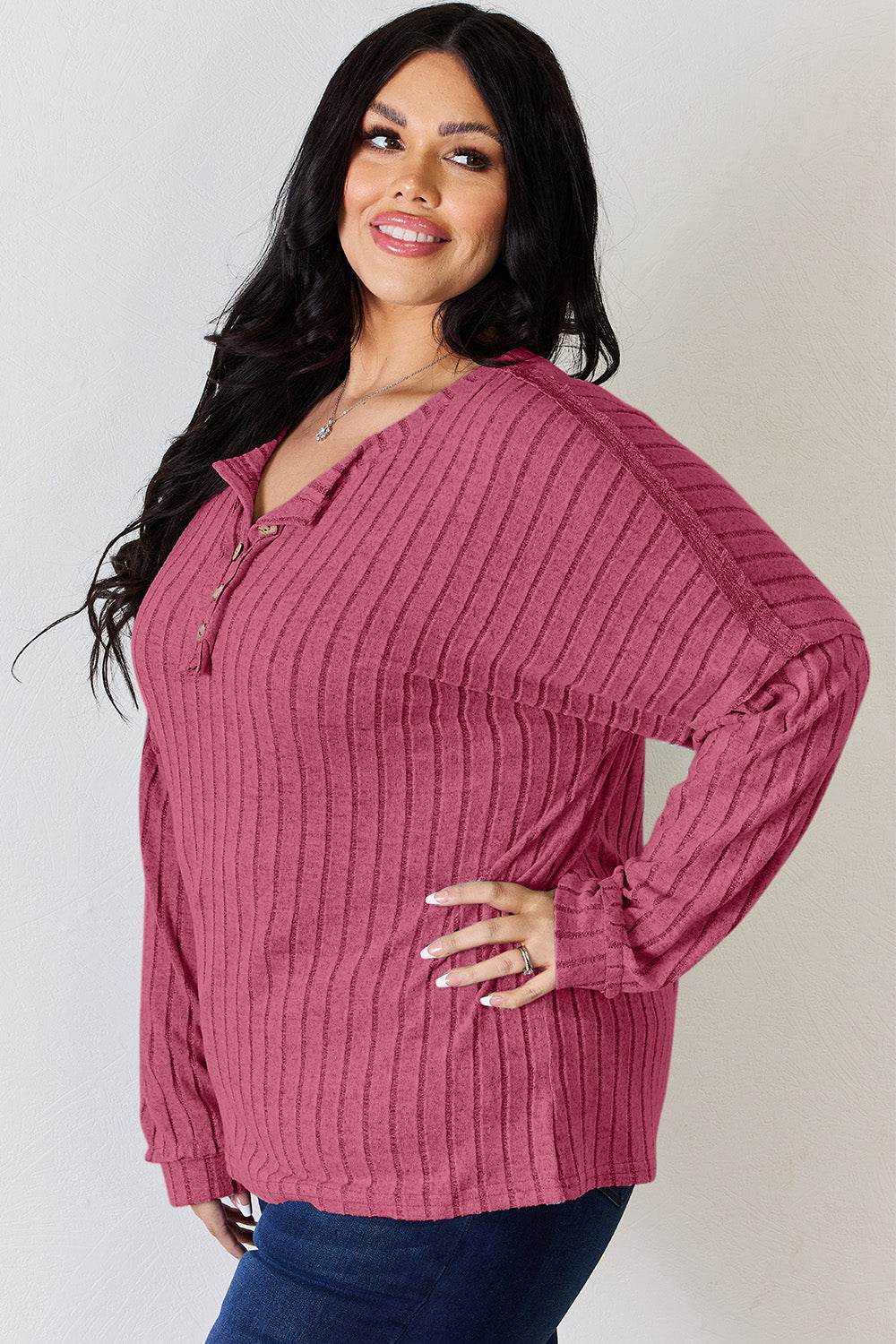 Basic Bae Full Size Ribbed Half Button Long Sleeve T-Shirt - Delanoir