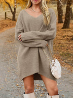 V-Neck Dropped Shoulder Sweater Dress - Delanoir