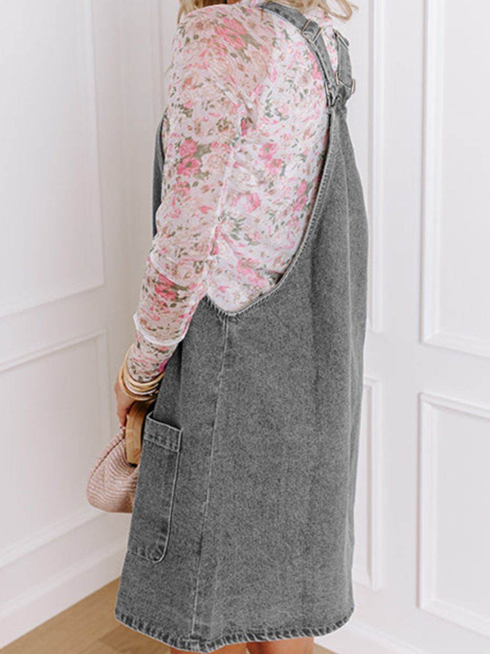 Wide Strap Button Down Denim Overall Dress - Delanoir