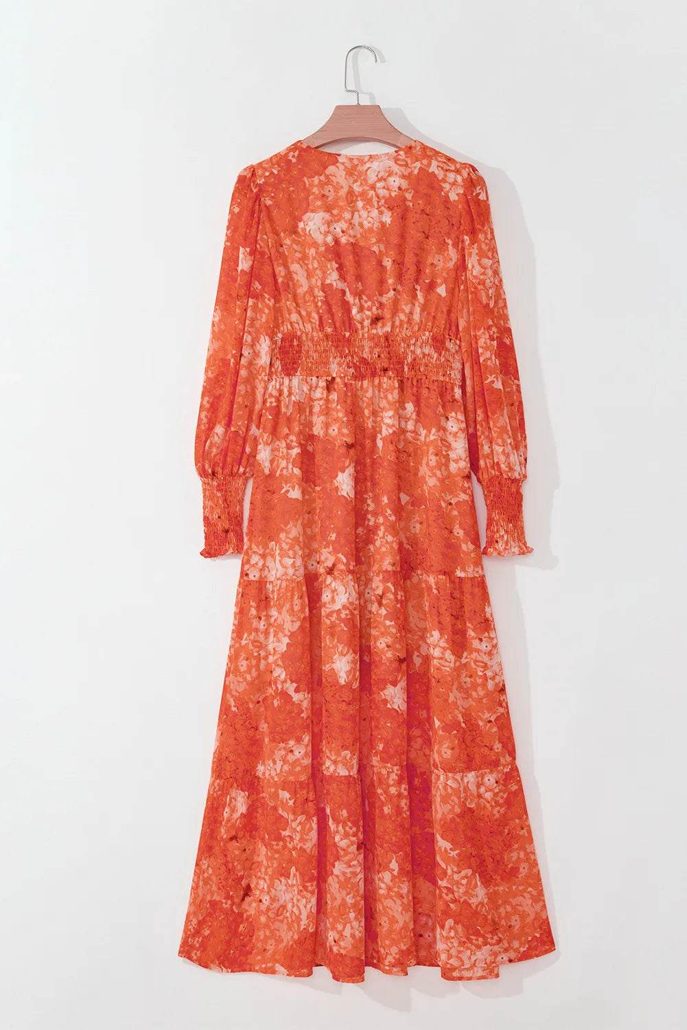 Smocked Printed V-Neck Long Sleeve Dress - Delanoir