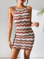 Openwork Striped Spaghetti Strap Knit Dress - Delanoir