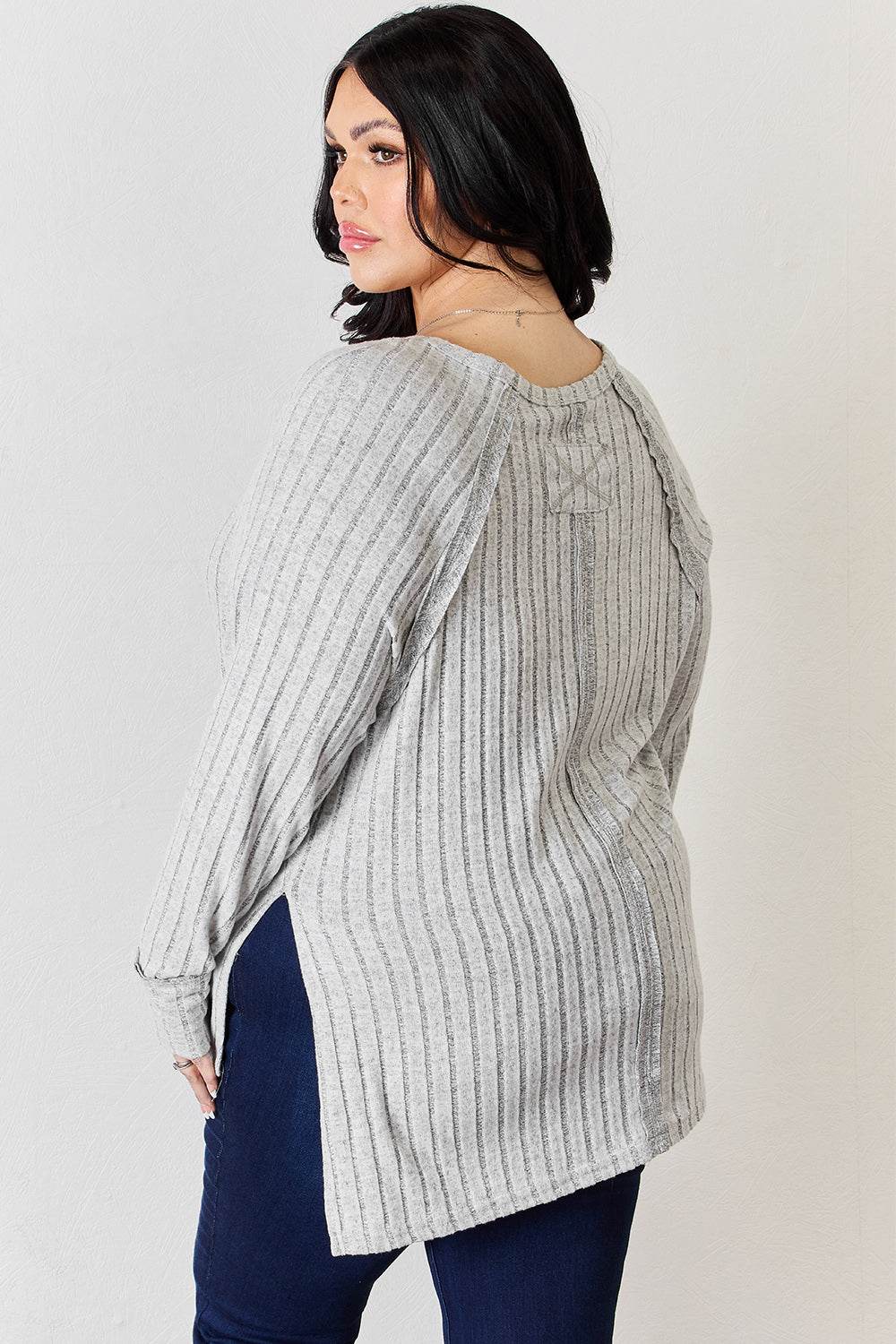 Basic Bae Full Size Ribbed Round Neck Slit T-Shirt - Delanoir
