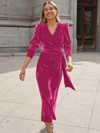 Surplice Puff Sleeve Midi Dress - Delanoir
