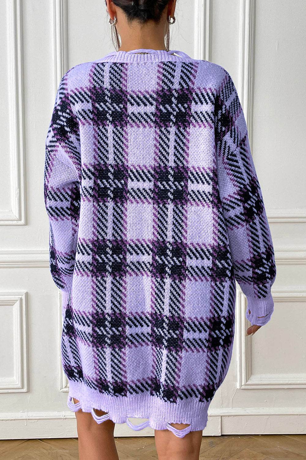 Plaid V-Neck Long Sleeve Sweater Dress - Delanoir