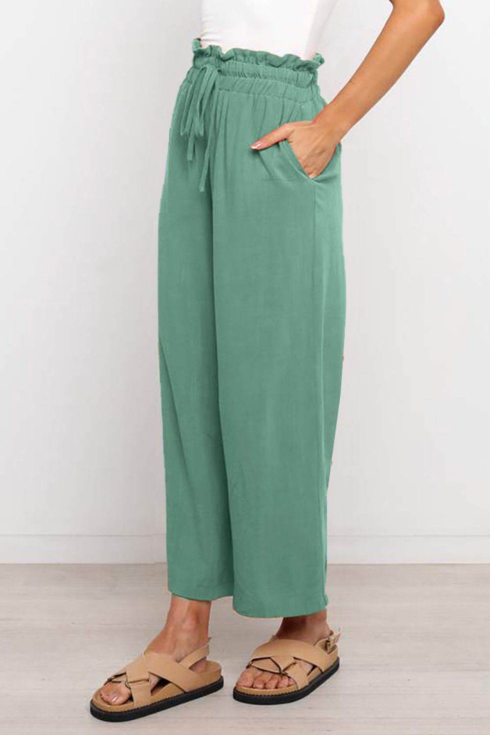 Drawstring Paperbag Waist Wide Leg Pants - Delanoir