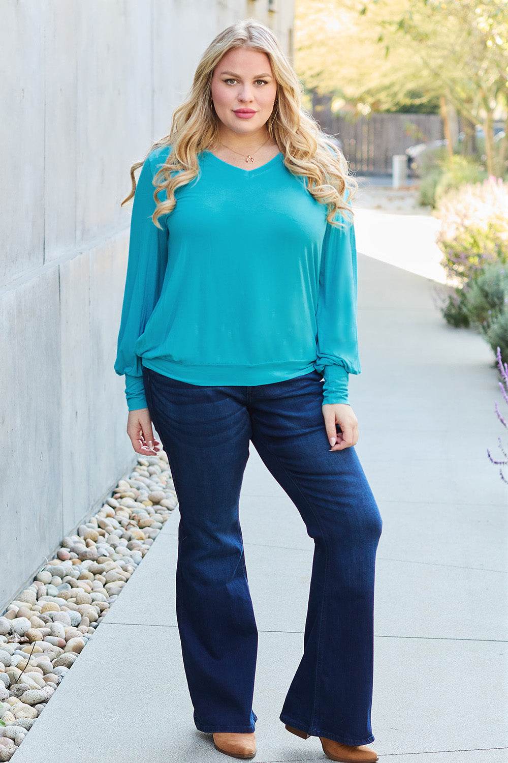 Basic Bae Full Size V-Neck Lantern Sleeve Top - Delanoir