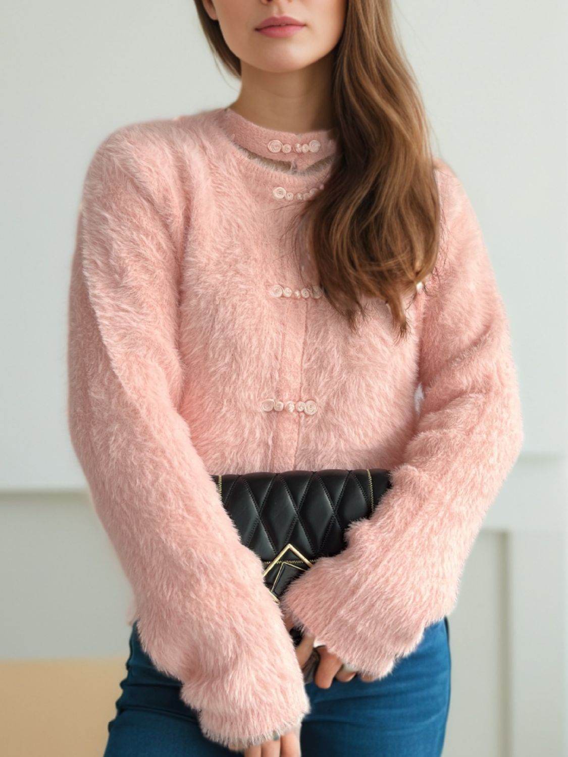 Cutout Knot Button Long Sleeve Cardigan - Delanoir