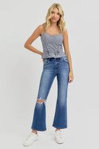 RISEN Full Size Distressed High Rise Crop Flare Jeans - Delanoir
