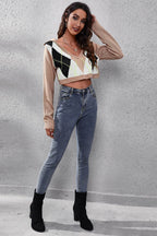 Geometric Long Sleeve Cropped Sweater - Delanoir