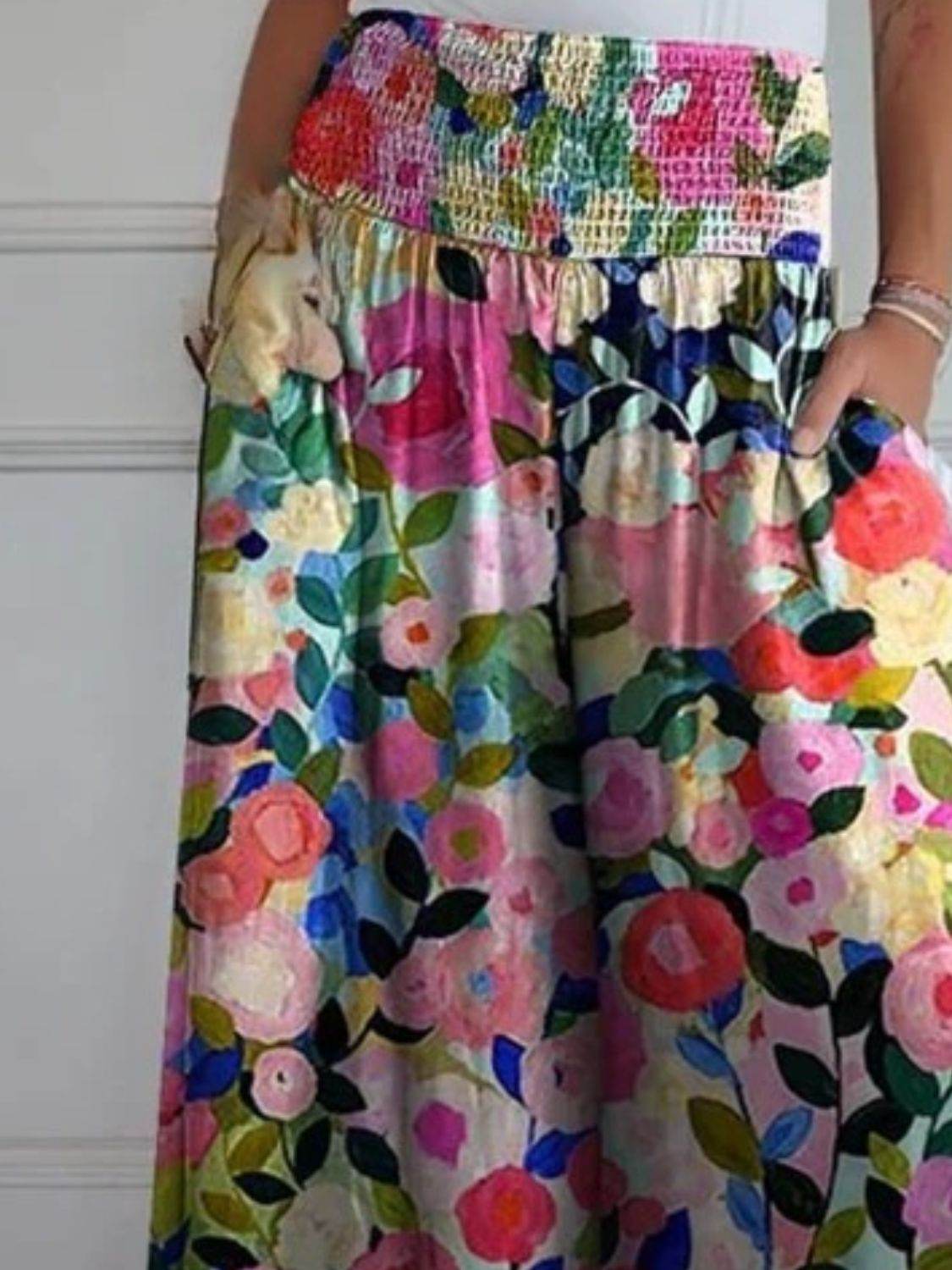 Full Size Smocked Wide Leg Pants with Pockets - Delanoir