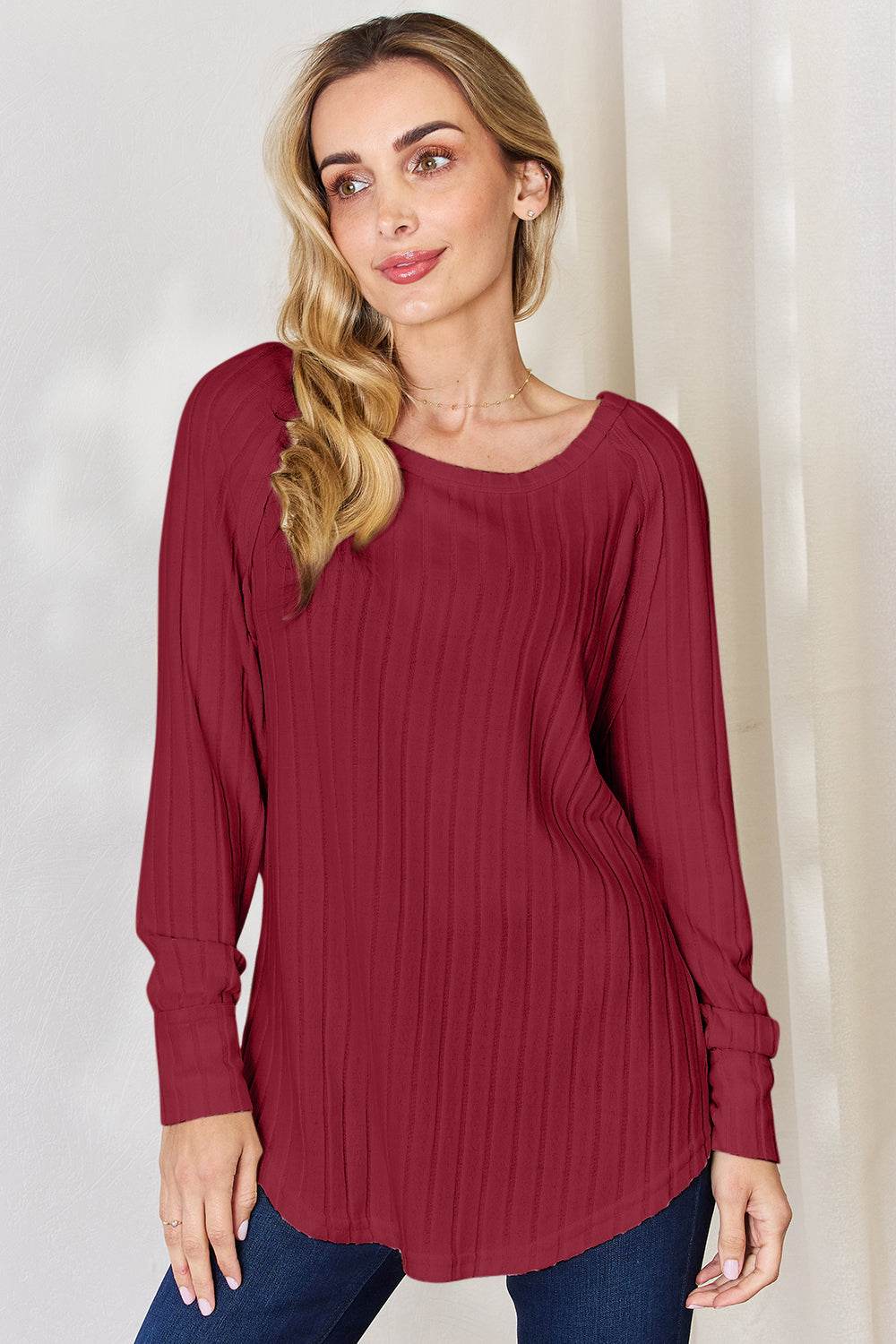 Basic Bae Full Size Ribbed Round Neck Slit T-Shirt - Delanoir
