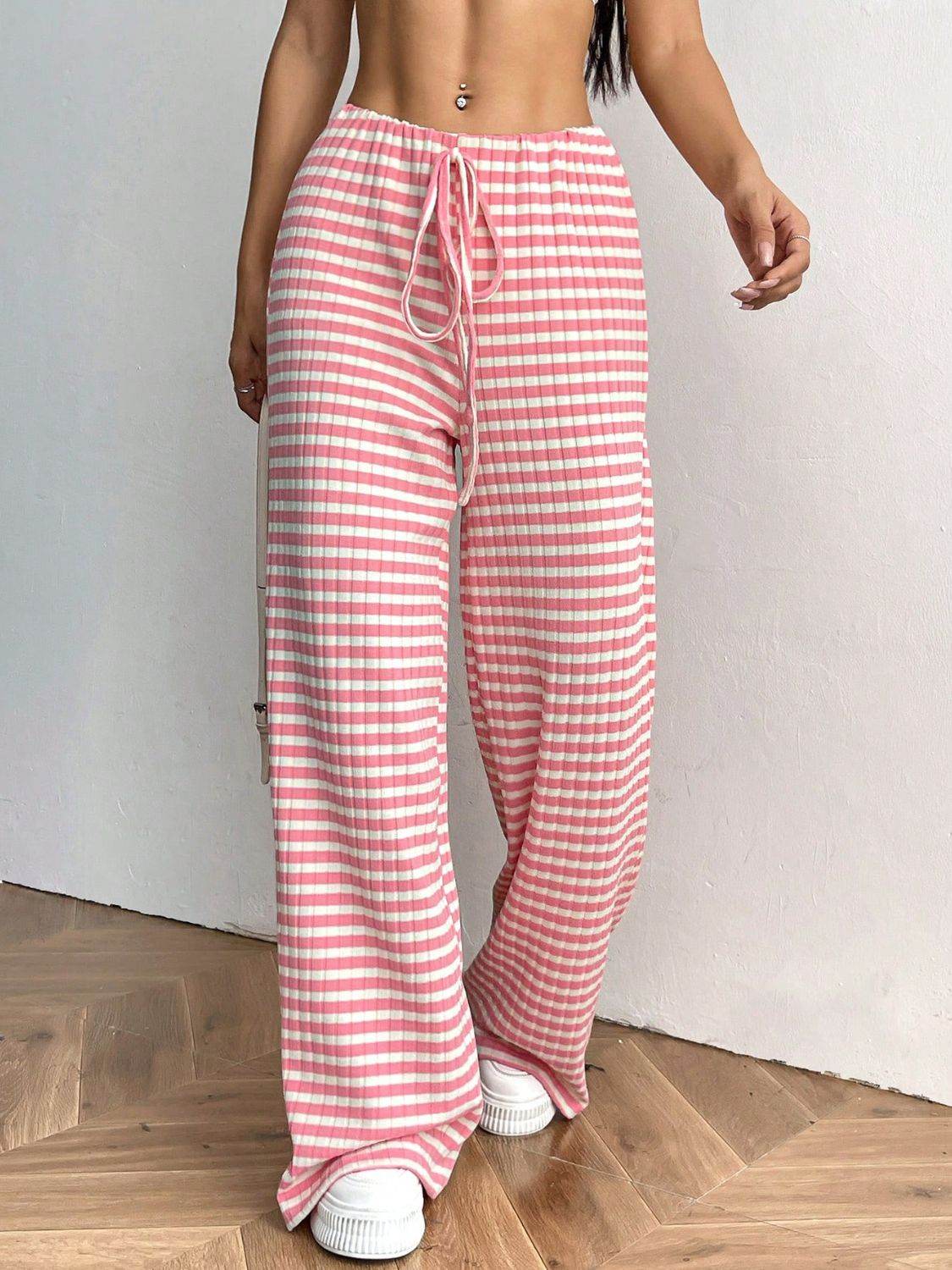 Tied Striped Wide Leg Pants - Delanoir