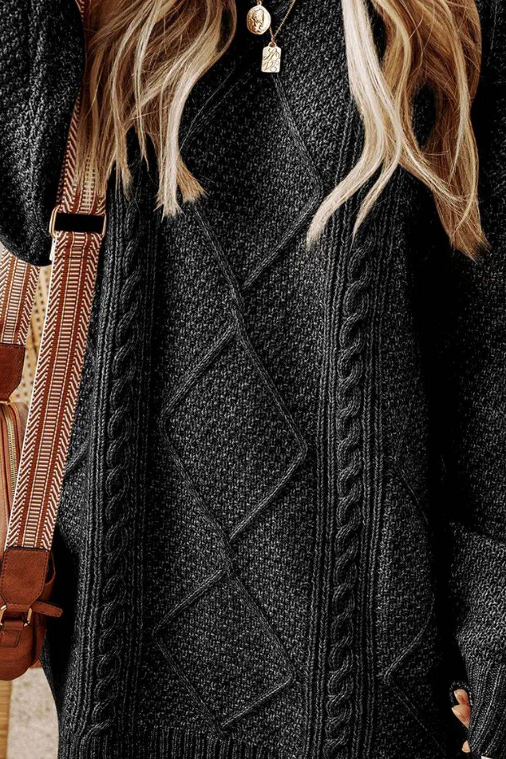 Cable-Knit Round Neck Sweater Dress - Delanoir