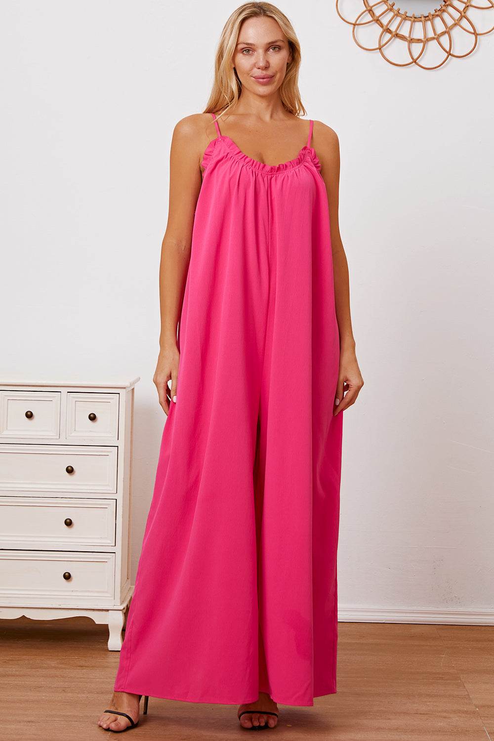 Double Take Full Size Ruffle Trim Tie Back Cami Jumpsuit with Pockets - Delanoir