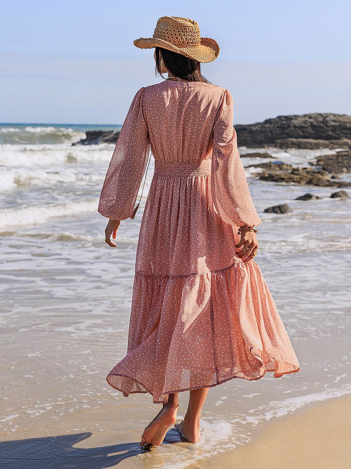 Embroidered Polka Dot Tie Neck Long Sleeve Midi Dress - Delanoir