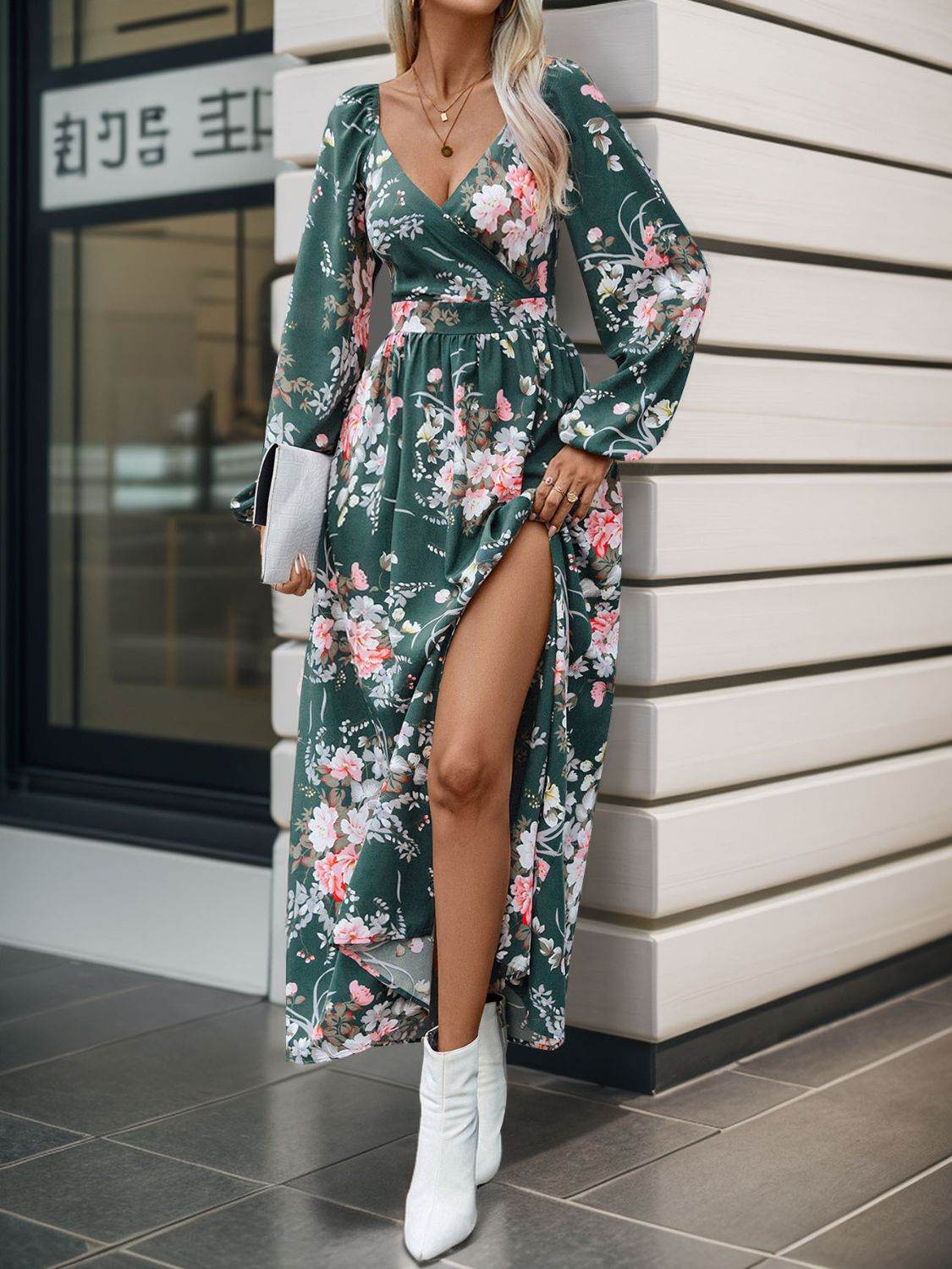 Perfee Slit Printed Surplice Long Sleeve Maxi Dress - Delanoir
