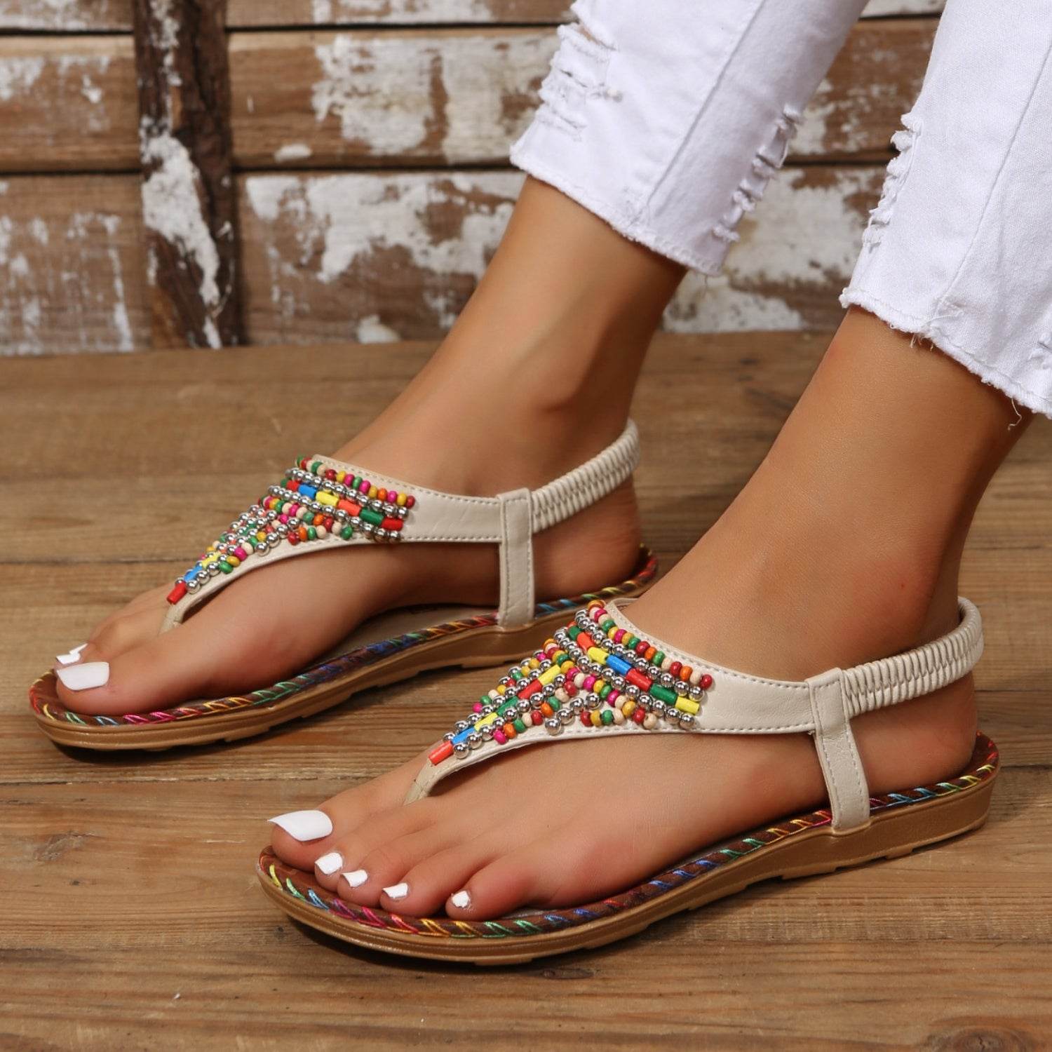 Beaded PU Leather Open Toe Sandals - Delanoir