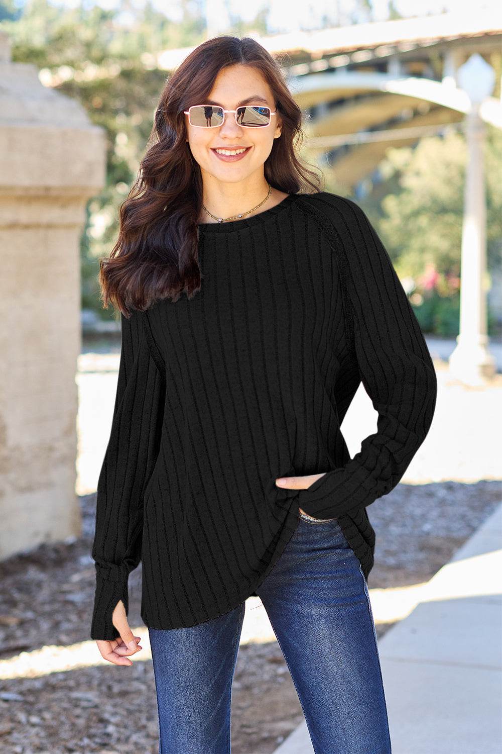 Basic Bae Full Size Ribbed Round Neck Long Sleeve Knit Top - Delanoir