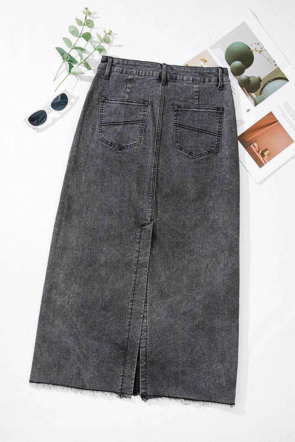 Raw Hem Midi Denim Skirt with Pockets - Delanoir