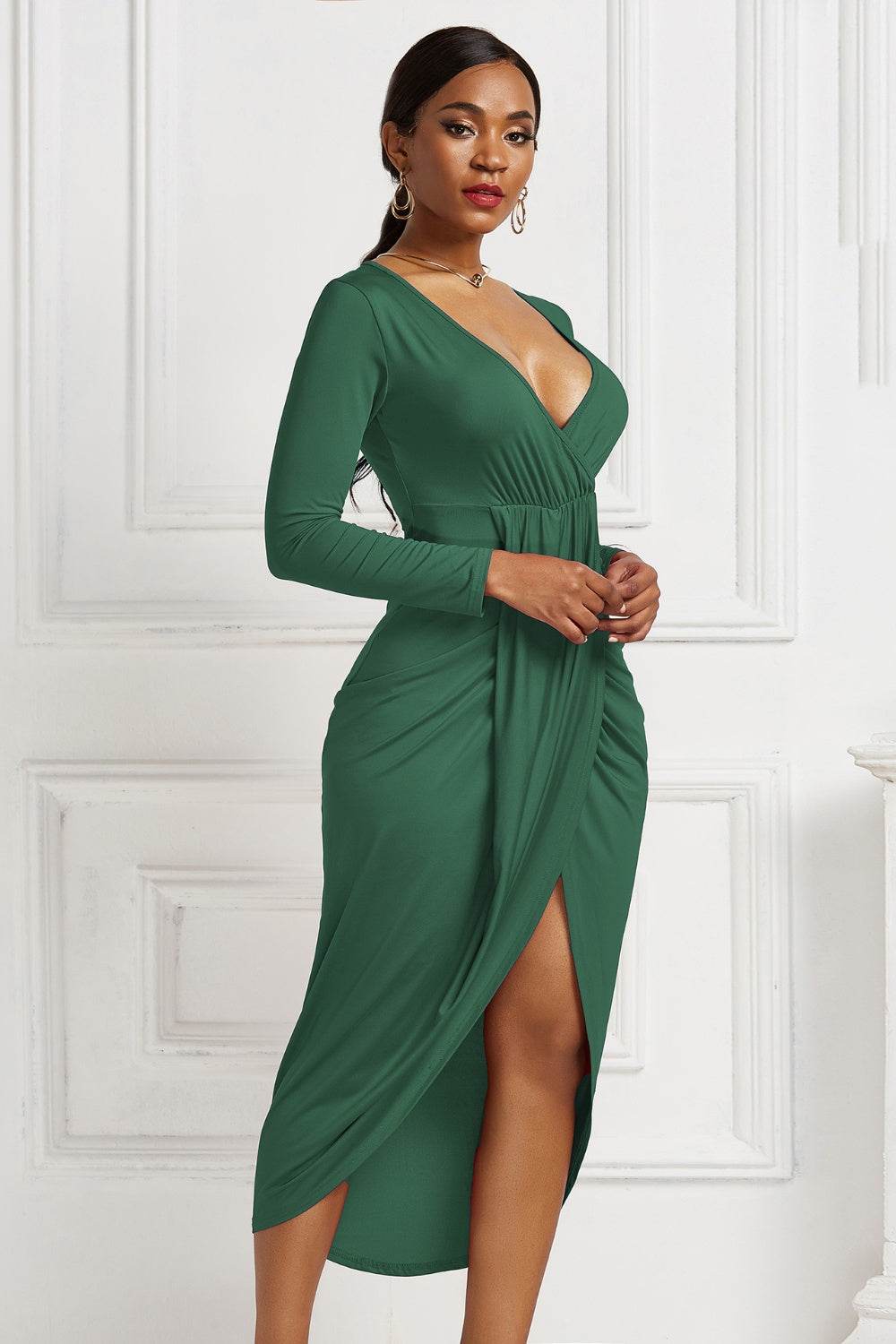 High-low Ruched Surplice Long Sleeve Dress - Delanoir