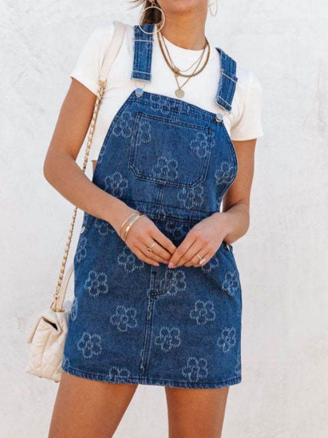 Flower Wide Strap Denim Overall Dress with Pockets - Delanoir