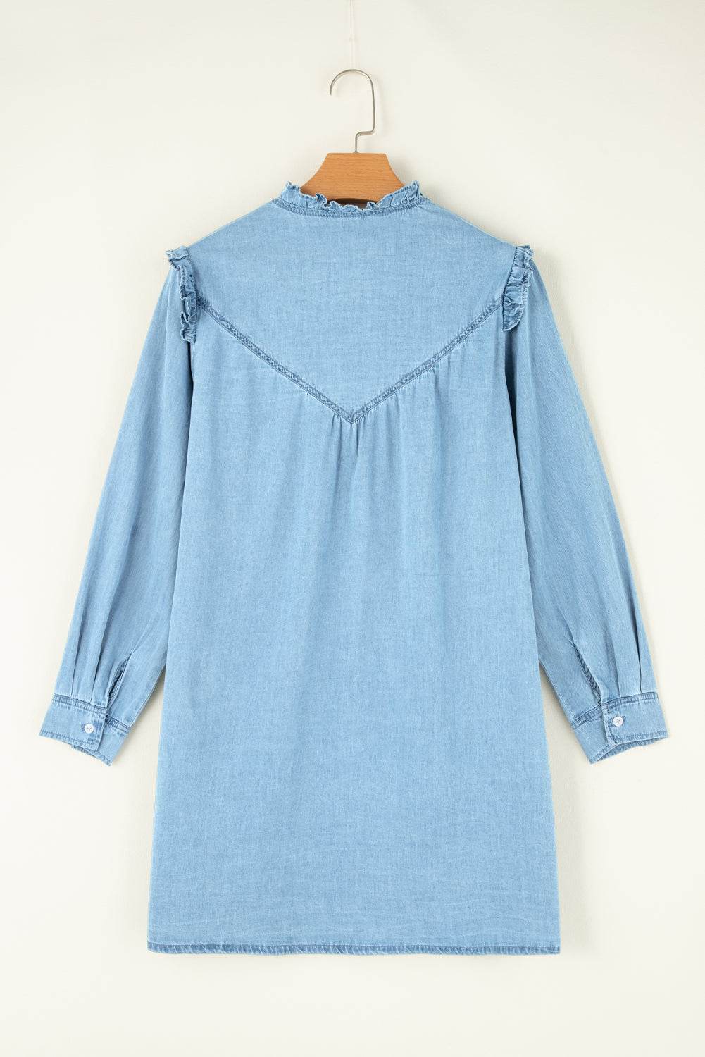 Button Up Notched Long Sleeve Denim Dress - Delanoir