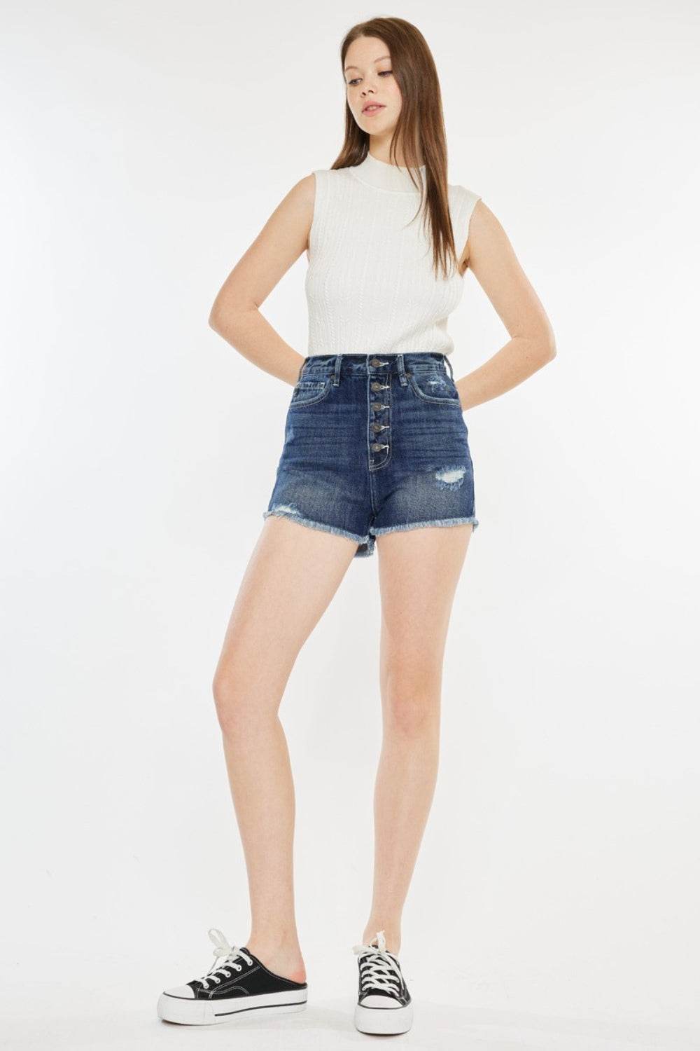 Kancan Raw Hem Button Fly Denim Shorts - Delanoir