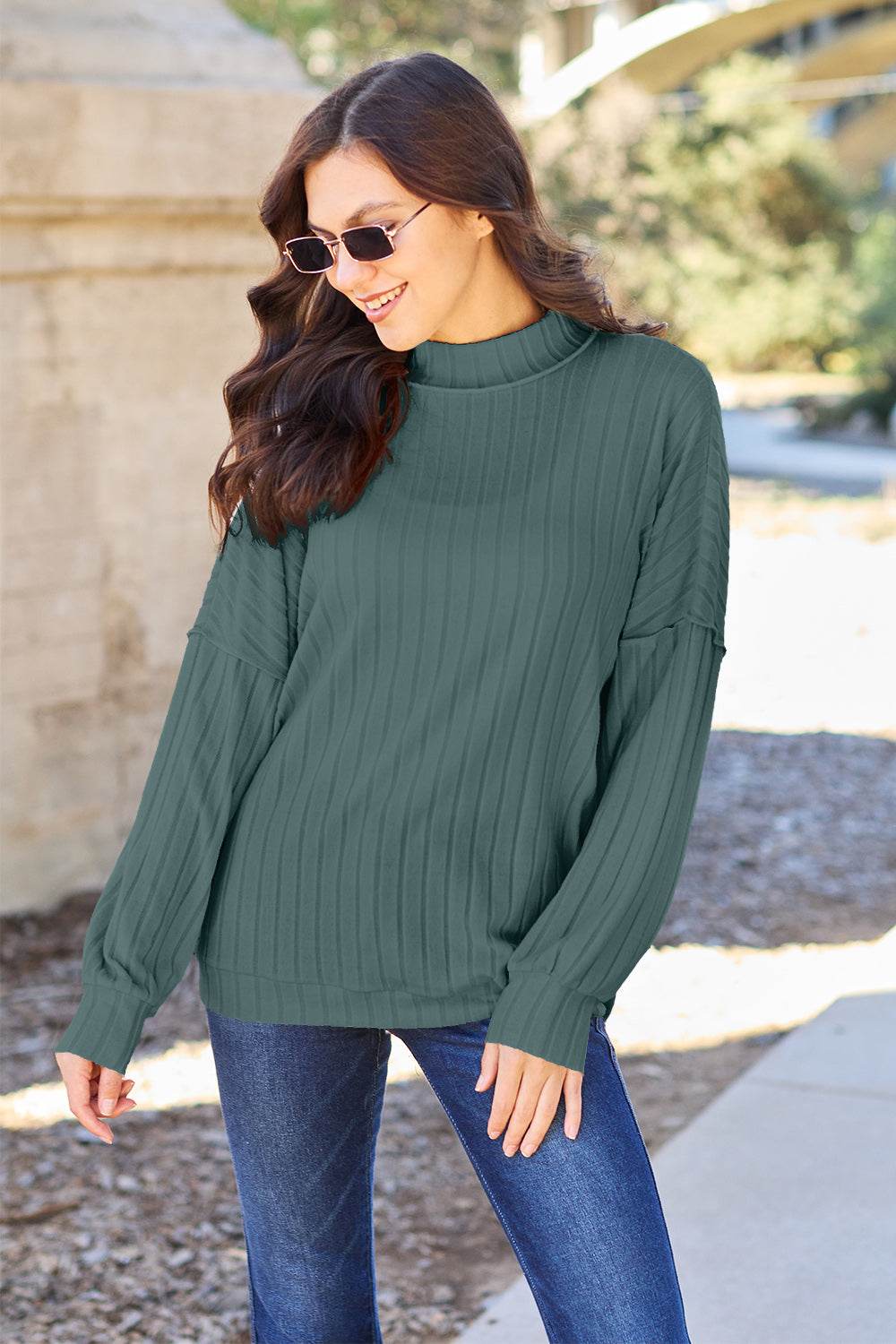 Basic Bae Full Size Ribbed Exposed Seam Mock Neck Knit Top - Delanoir