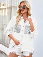 Raw Hem Button Up Long Sleeve Denim Jacket with Sequin Pockets - Delanoir