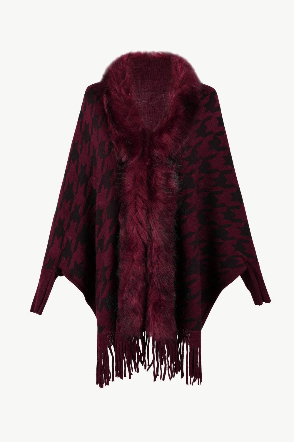 Houndstooth Fringe Hem Poncho - Delanoir