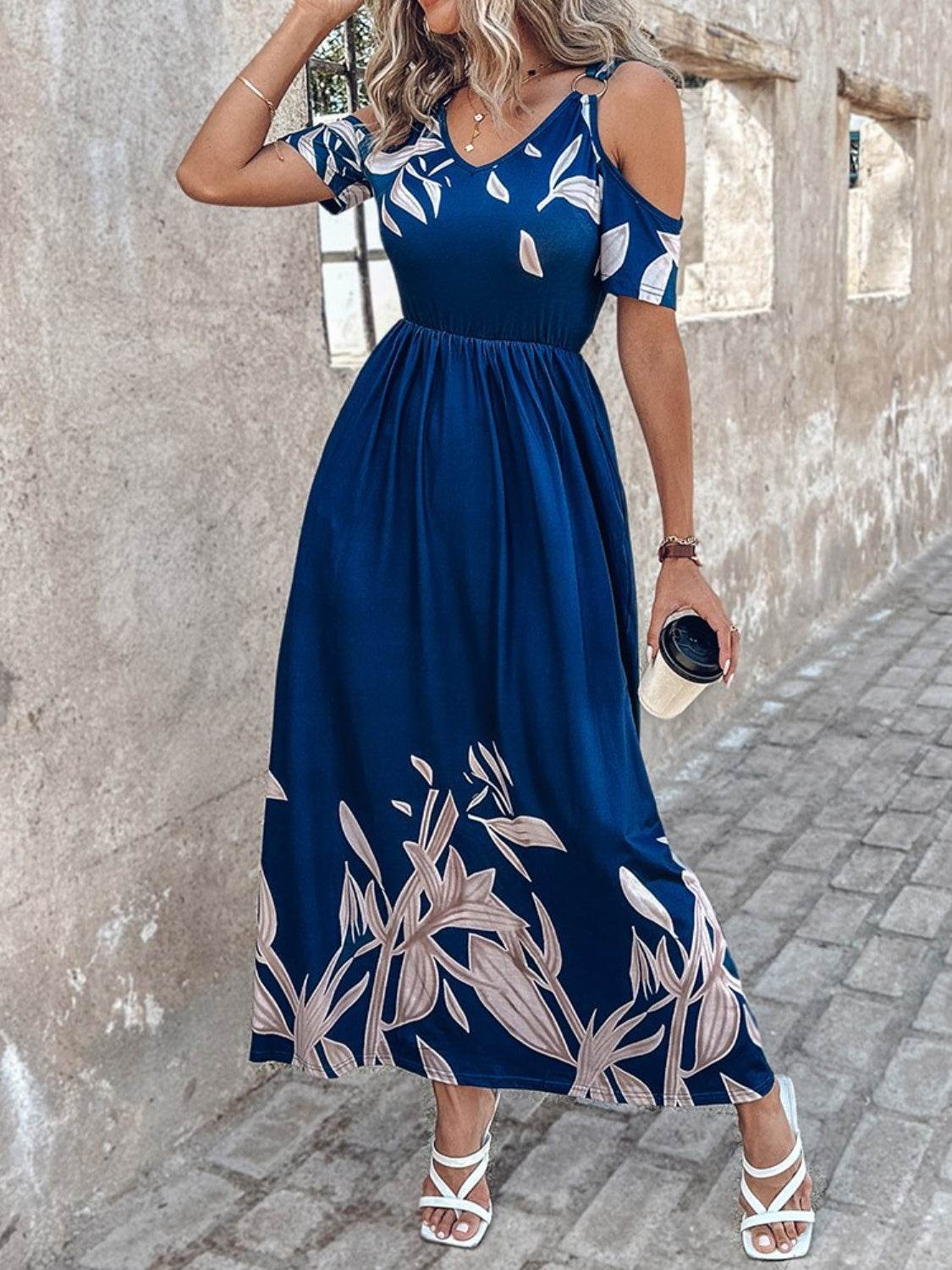 Printed Cold Shoulder Short Sleeve Maxi Dress - Delanoir