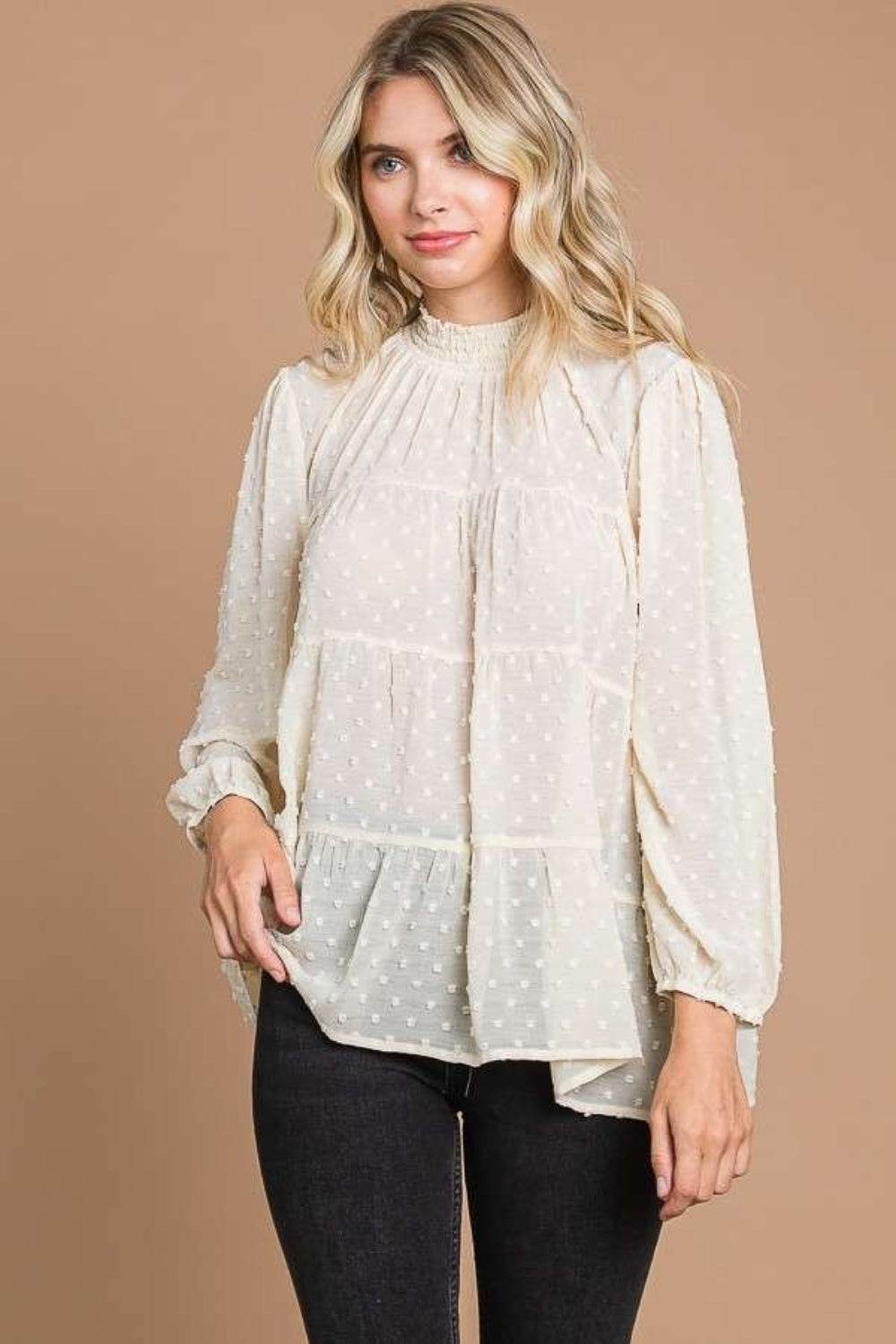Culture Code Full Size Swiss Dot Smocked Mock Neck Blouse - Delanoir