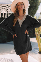 V-Neck Long Sleeve Mini Sweater Dress - Delanoir