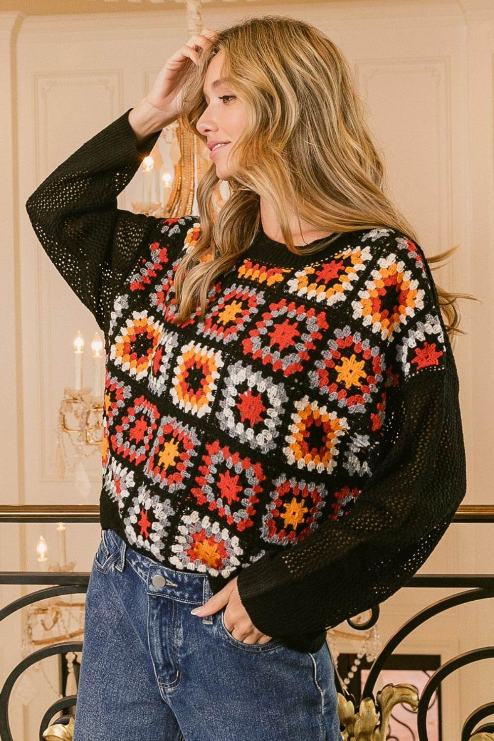 BiBi Granny Square Front Long Sleeve Top - Delanoir